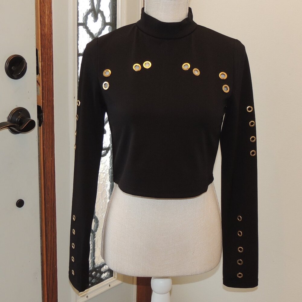 Dance & Marvel Black Long Sleeve Crop Top with Gold Grommet Details – Mock Neck